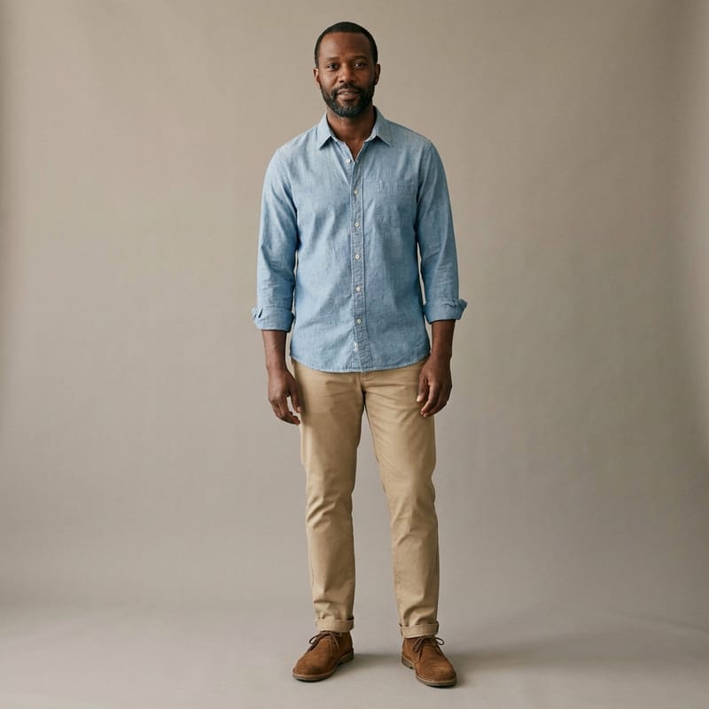 Chambray shirt and khakis